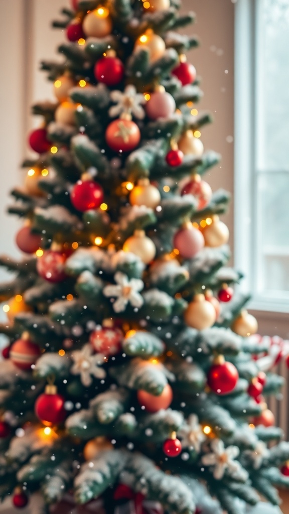 A festive 4K Christmas laptop background with a decorated tree and falling snowflakes.